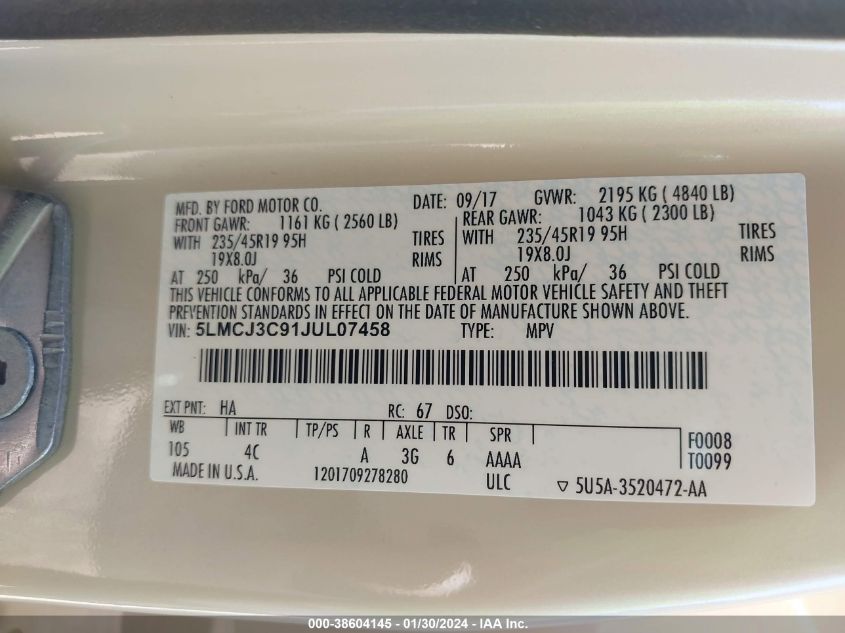 2018 LINCOLN MKC RESERVE - 5LMCJ3C91JUL07458