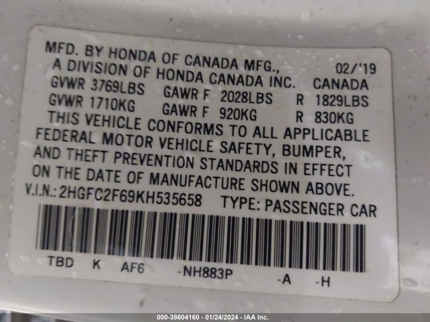 2019 HONDA CIVIC LX - 2HGFC2F69KH535658