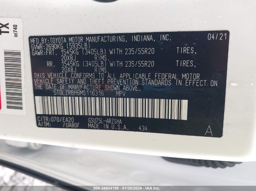 2021 TOYOTA HIGHLANDER XSE - 5TDLZRBH6MS116316