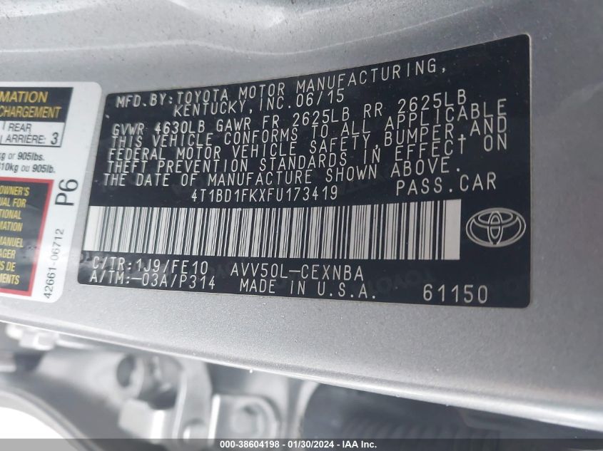 2015 TOYOTA CAMRY HYBRID LE - 4T1BD1FKXFU173419
