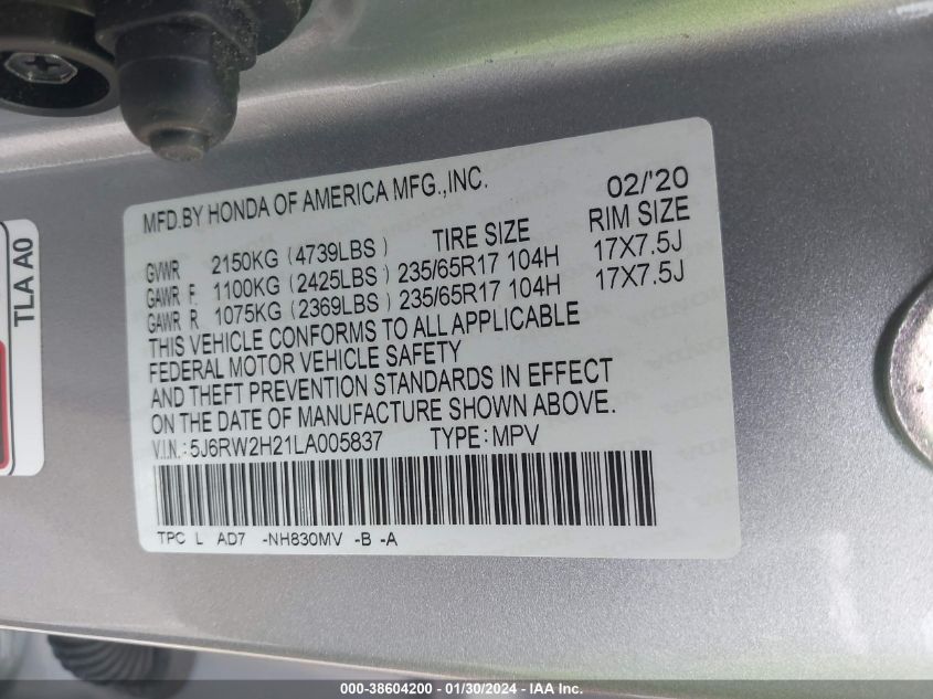 2020 HONDA CR-V LX - 5J6RW2H21LA005837
