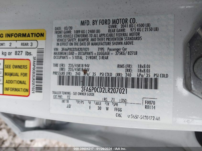 2020 FORD FUSION SEL - 3FA6P0CD2LR207021