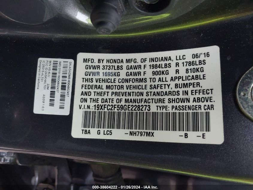2016 HONDA CIVIC LX - 19XFC2F59GE228273