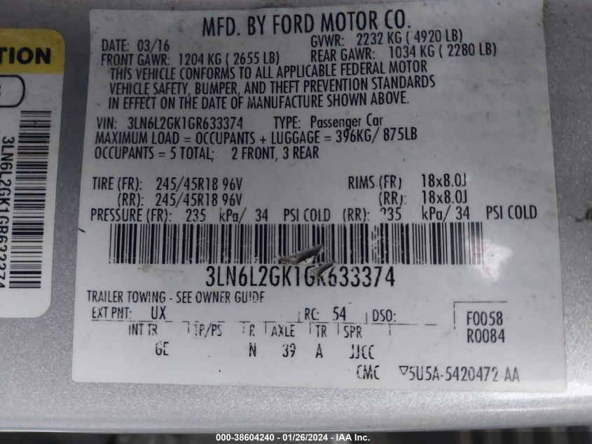 2016 LINCOLN MKZ - 3LN6L2GK1GR633374