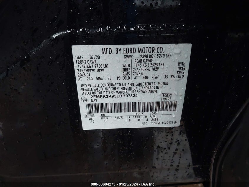 VIN 2FMPK3K95LBB07324 2020 FORD EDGE TITANIUM