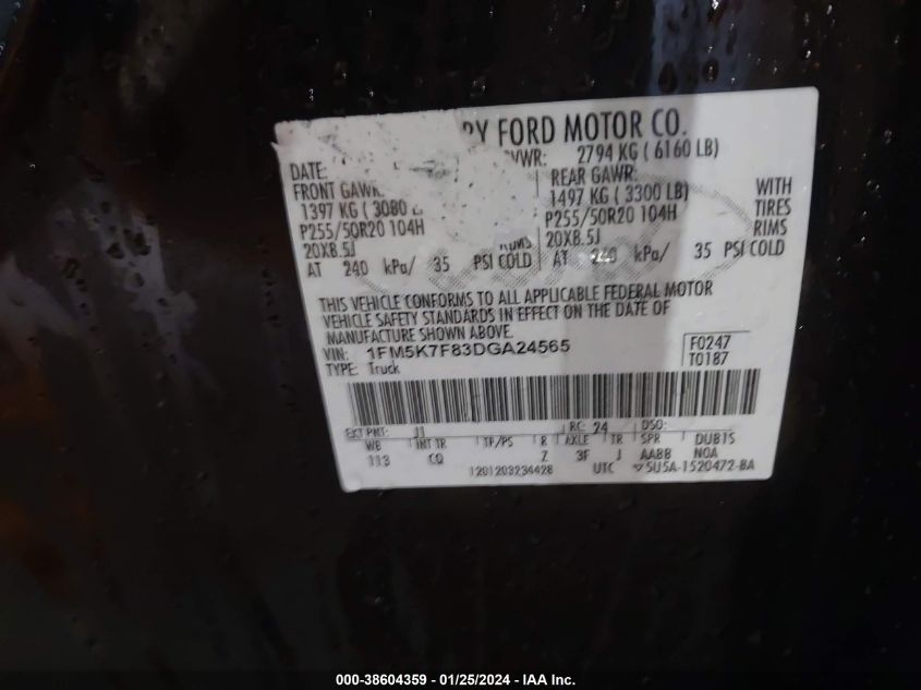2013 FORD EXPLORER LIMITED - 1FM5K7F83DGA24565