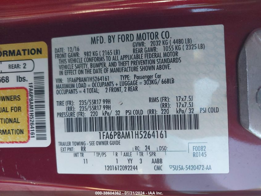 2017 FORD MUSTANG - 1FA6P8AM1H5264161