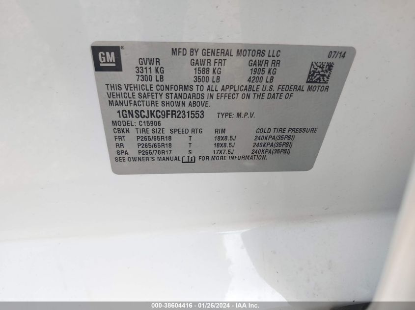 2015 CHEVROLET SUBURBAN 1500 C1500 LT - 1GNSCJKC9FR231553