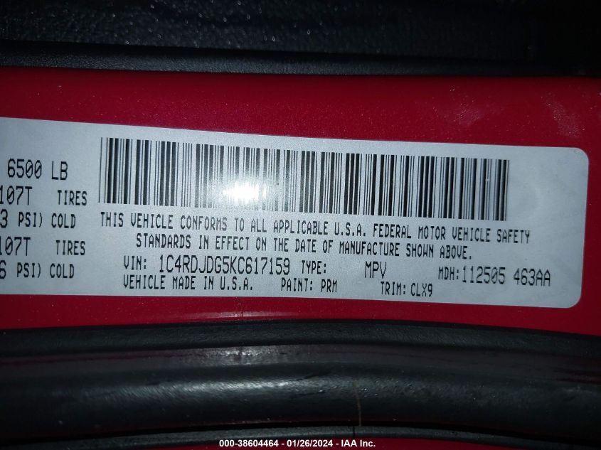2019 DODGE DURANGO GT - 1C4RDJDG5KC617159