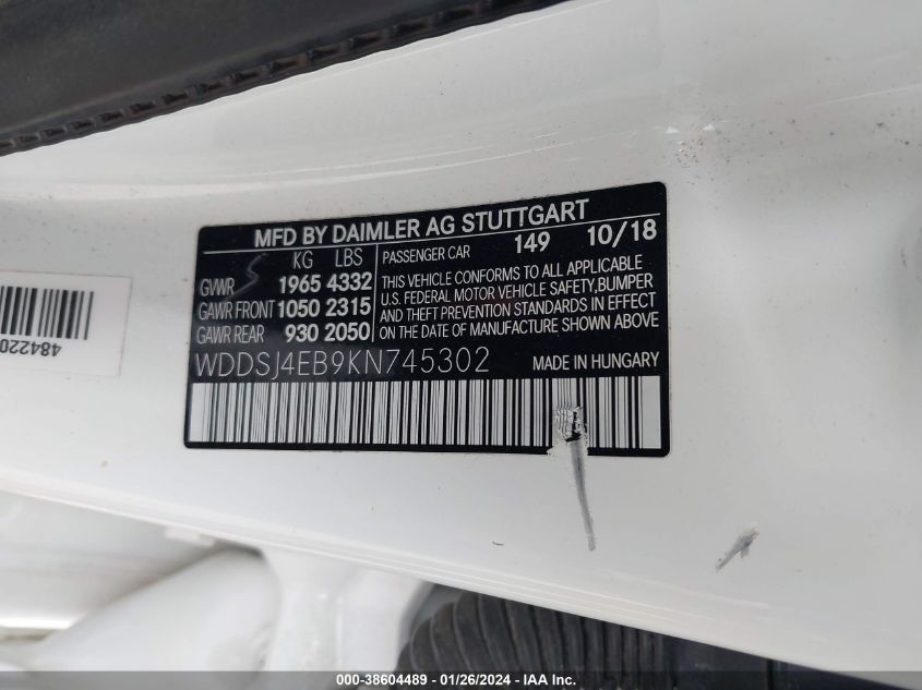 2019 MERCEDES-BENZ CLA 250 250 - WDDSJ4EB9KN745302