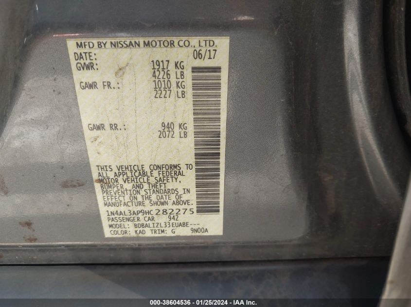 2017 NISSAN ALTIMA 2.5/S/SV/SL/SR - 1N4AL3AP9HC282275