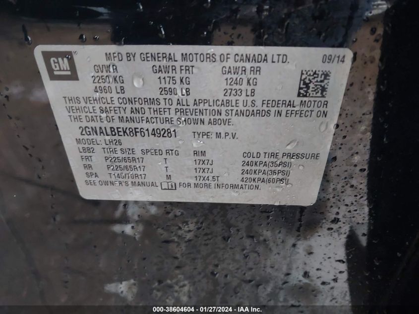 2015 CHEVROLET EQUINOX 1LT - 2GNALBEK8F6149281