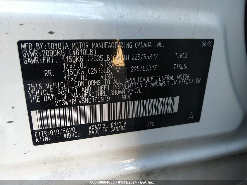 2022 TOYOTA RAV4 XLE - 2T3W1RFV5NC195919