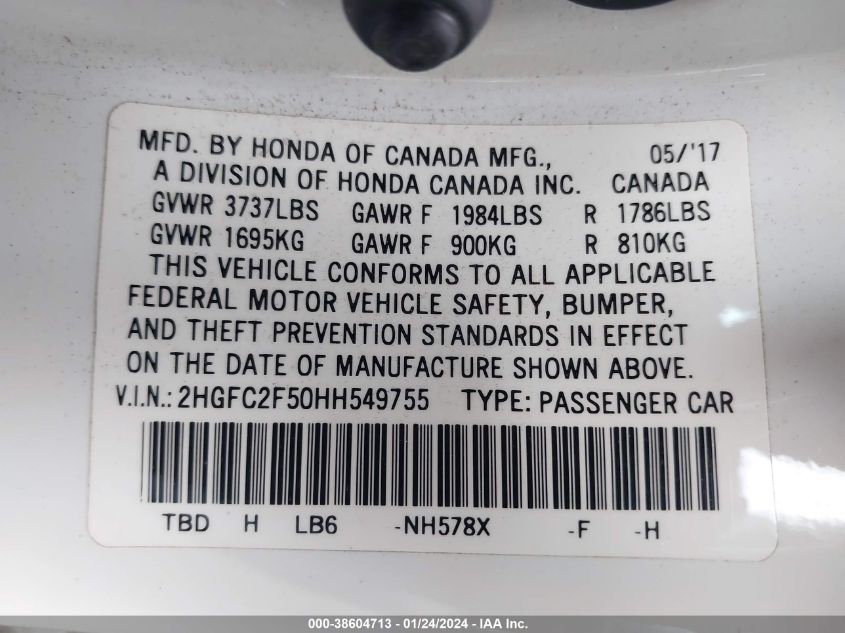 2017 HONDA CIVIC LX - 2HGFC2F50HH549755