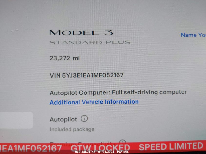 2021 TESLA MODEL 3 STANDARD RANGE PLUS REAR-WHEEL DRIVE - 5YJ3E1EA1MF052167