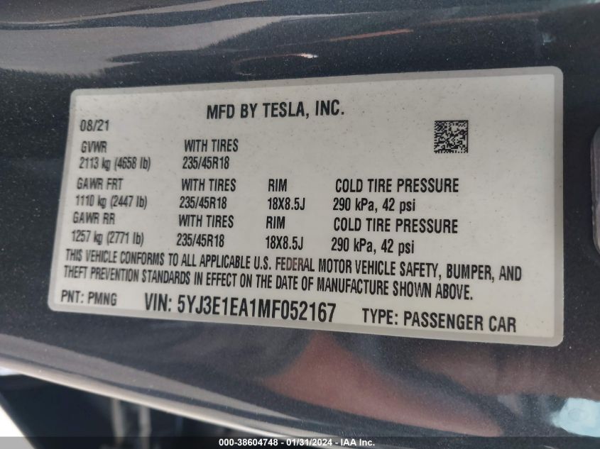 2021 TESLA MODEL 3 STANDARD RANGE PLUS REAR-WHEEL DRIVE - 5YJ3E1EA1MF052167