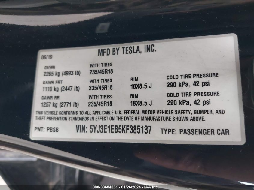 2019 TESLA MODEL 3 - 5YJ3E1EB5KF385137
