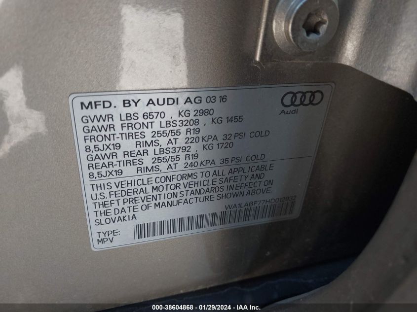 2017 AUDI Q7 3.0T PREMIUM - WA1LABF77HD012932