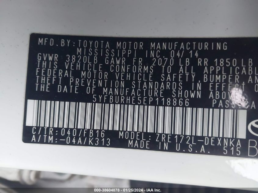 2014 TOYOTA COROLLA L/LE/LE PLS/PRM/S/S PLS - 5YFBURHE5EP118866