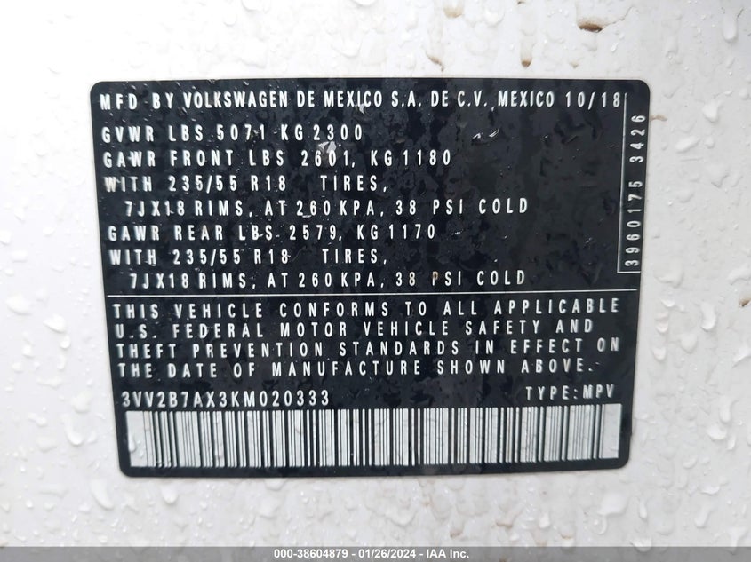 VIN 3VV2B7AX3KM020333 2019 VOLKSWAGEN TIGUAN 2.0T SE/2.0T SEL/2.0T SEL R-LINE/2.0T SEL R-LINE BLACK