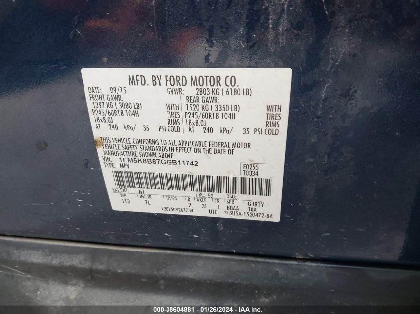 2016 FORD EXPLORER - 1FM5K8B87GGB11742