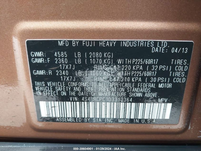 2013 SUBARU OUTBACK 2.5I LIMITED - 4S4BRCPC1D33A3364