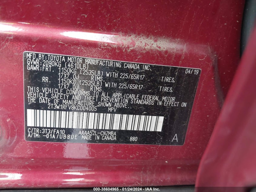 VIN 2T3W1RFV8KC004005 2019 TOYOTA RAV4 XLE