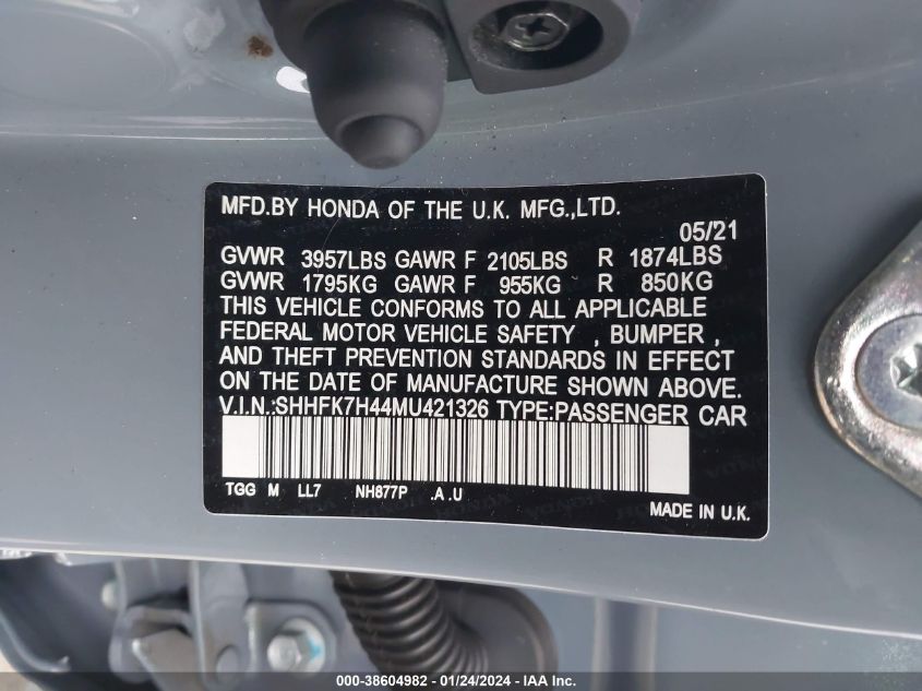 2021 HONDA CIVIC SPORT - SHHFK7H44MU421326
