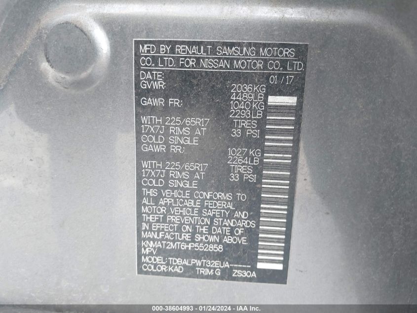 VIN KNMAT2MT6HP552858 2017 NISSAN ROGUE S