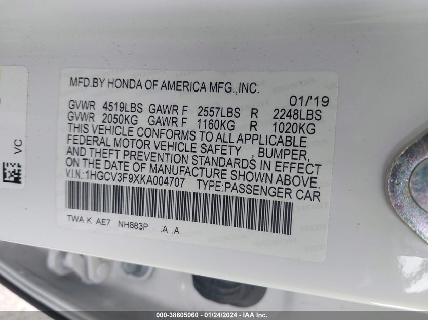VIN 1HGCV3F9XKA004707 2019 HONDA ACCORD HYBRID TOURING