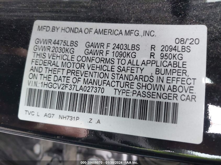 2020 HONDA ACCORD SPORT - 1HGCV2F37LA027370