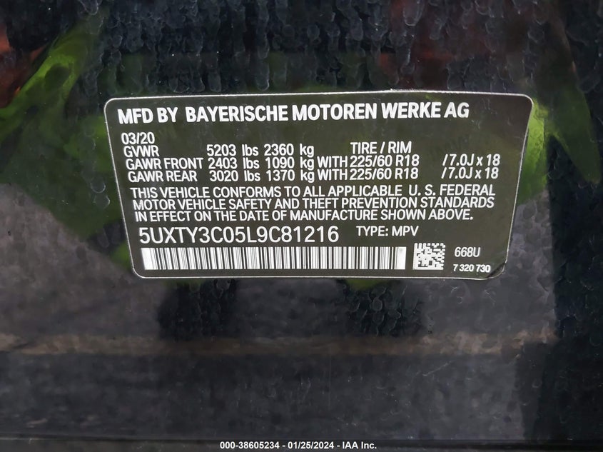 VIN 5UXTY3C05L9C81216 2020 BMW X3 SDRIVE30I