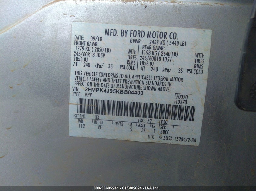 VIN 2FMPK4J95KBB04400 2019 FORD EDGE SEL