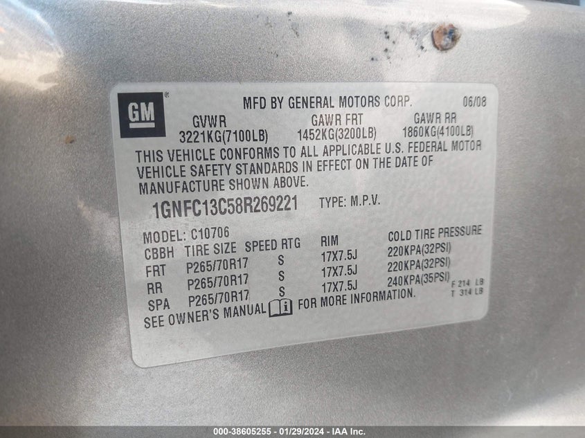 2008 CHEVROLET TAHOE VIN: 1GNFC13C58R269221