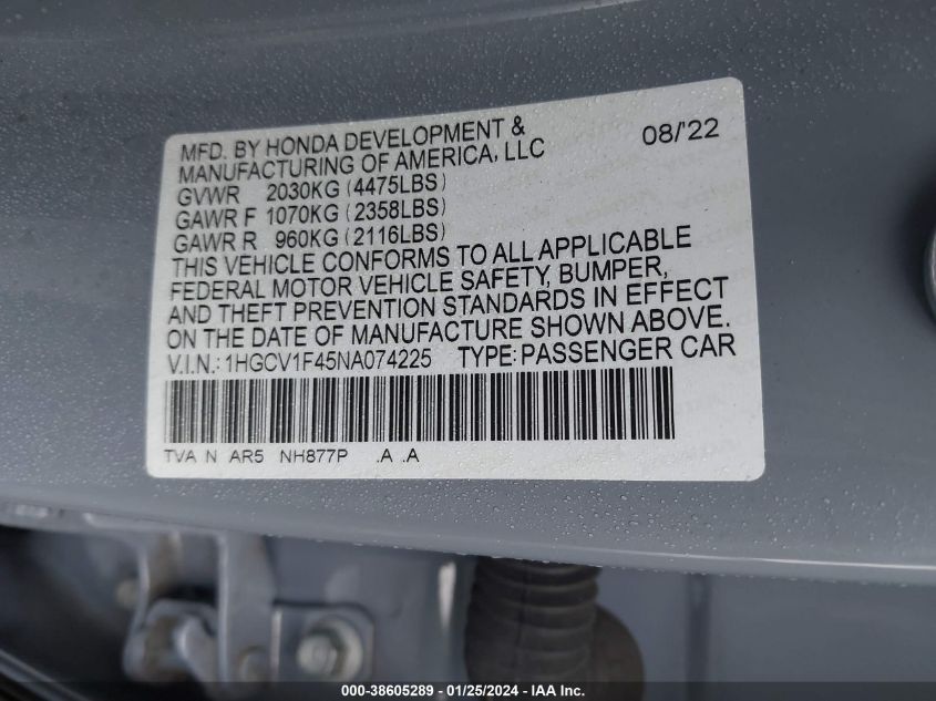 2022 HONDA ACCORD SPORT SE - 1HGCV1F45NA074225