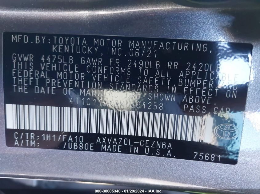 2021 TOYOTA CAMRY LE - 4T1C11AK0MU594258