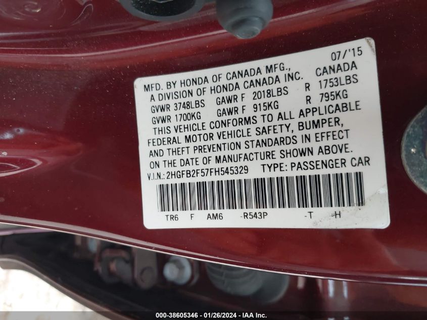 2015 HONDA CIVIC LX - 2HGFB2F57FH545329