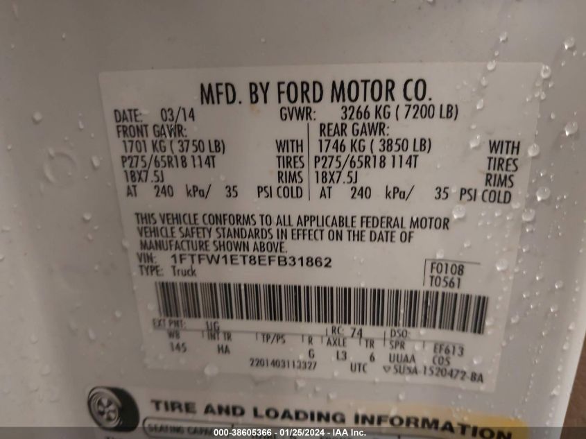 2014 FORD F-150 LARIAT - 1FTFW1ET8EFB31862