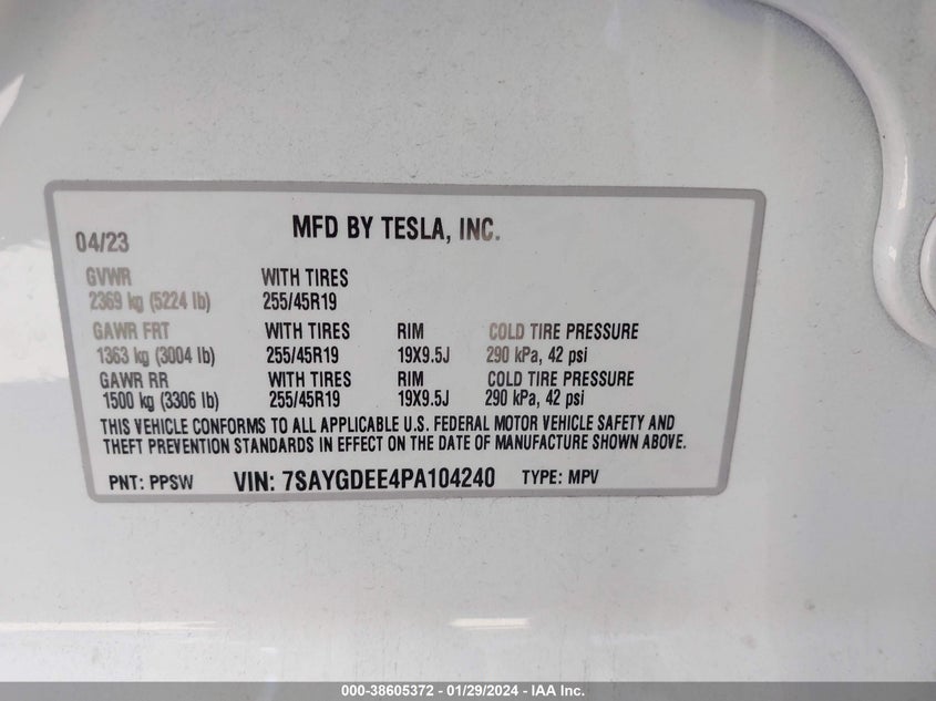 VIN 7SAYGDEE4PA104240 2023 TESLA MODEL Y AWD/LONG RANGE DUAL MOTOR ALL-WHEEL DRIVE