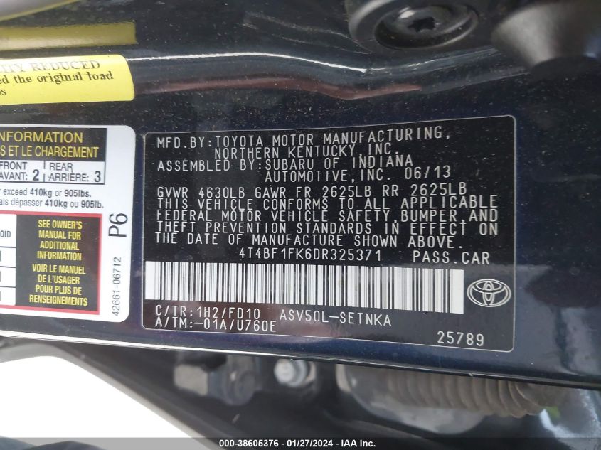 2013 TOYOTA CAMRY L/SE/LE/XLE - 4T4BF1FK6DR325371