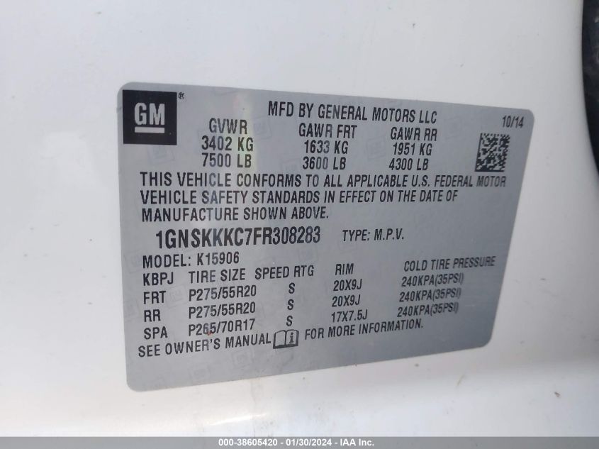 2015 CHEVROLET SUBURBAN 1500 LTZ 1GNSKKKC7FR308283
