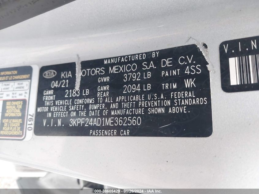 2021 KIA FORTE FE/LXS - 3KPF24AD1ME362560