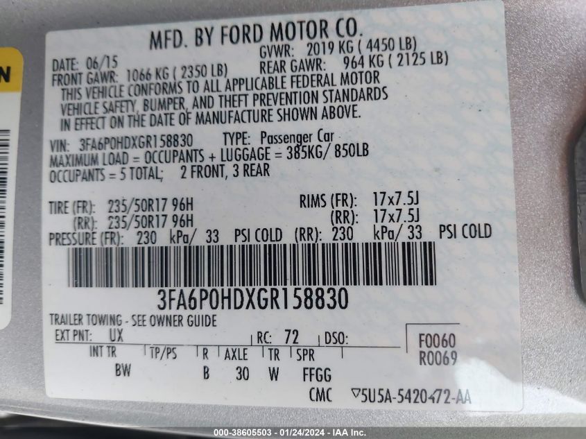 2016 FORD FUSION SE - 3FA6P0HDXGR158830