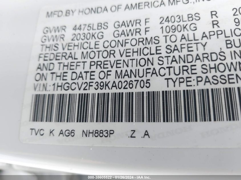 2019 HONDA ACCORD SPORT - 1HGCV2F39KA026705
