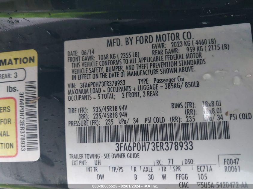 2014 FORD FUSION SE - 3FA6P0H73ER378933