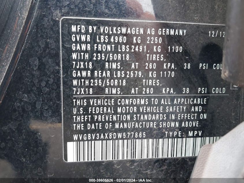 2013 VOLKSWAGEN TIGUAN SE - WVGBV3AX8DW577865