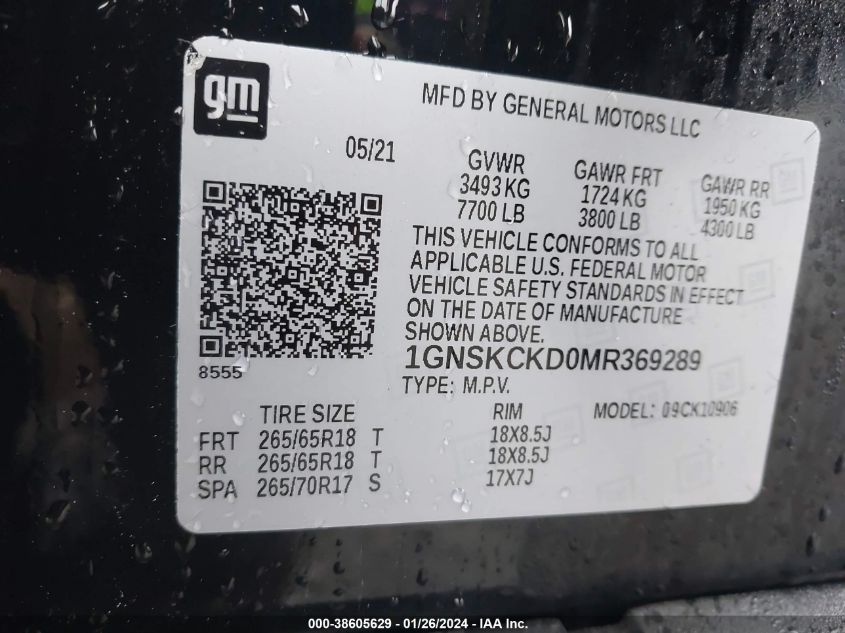 2021 CHEVROLET SUBURBAN K1500 LT - 1GNSKCKD0MR369289
