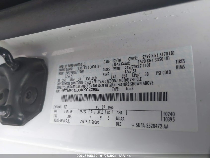 VIN 1FTMF1CB3KKC42985 2019 FORD F-150