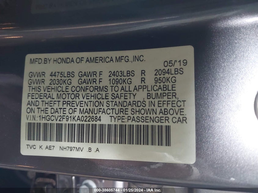 VIN 1HGCV2F91KA022684 2019 HONDA ACCORD TOURING
