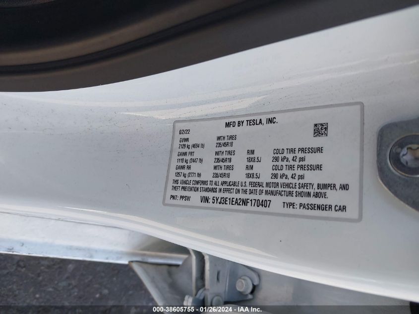 2022 TESLA MODEL 3 - 5YJ3E1EA2NF170407